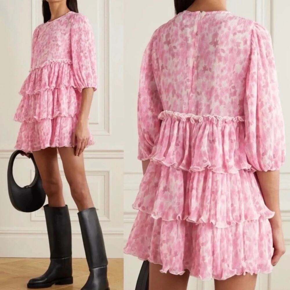 Ganni Tiered Ruffled Floral-Print Plisse-Georgette Mini Dress
